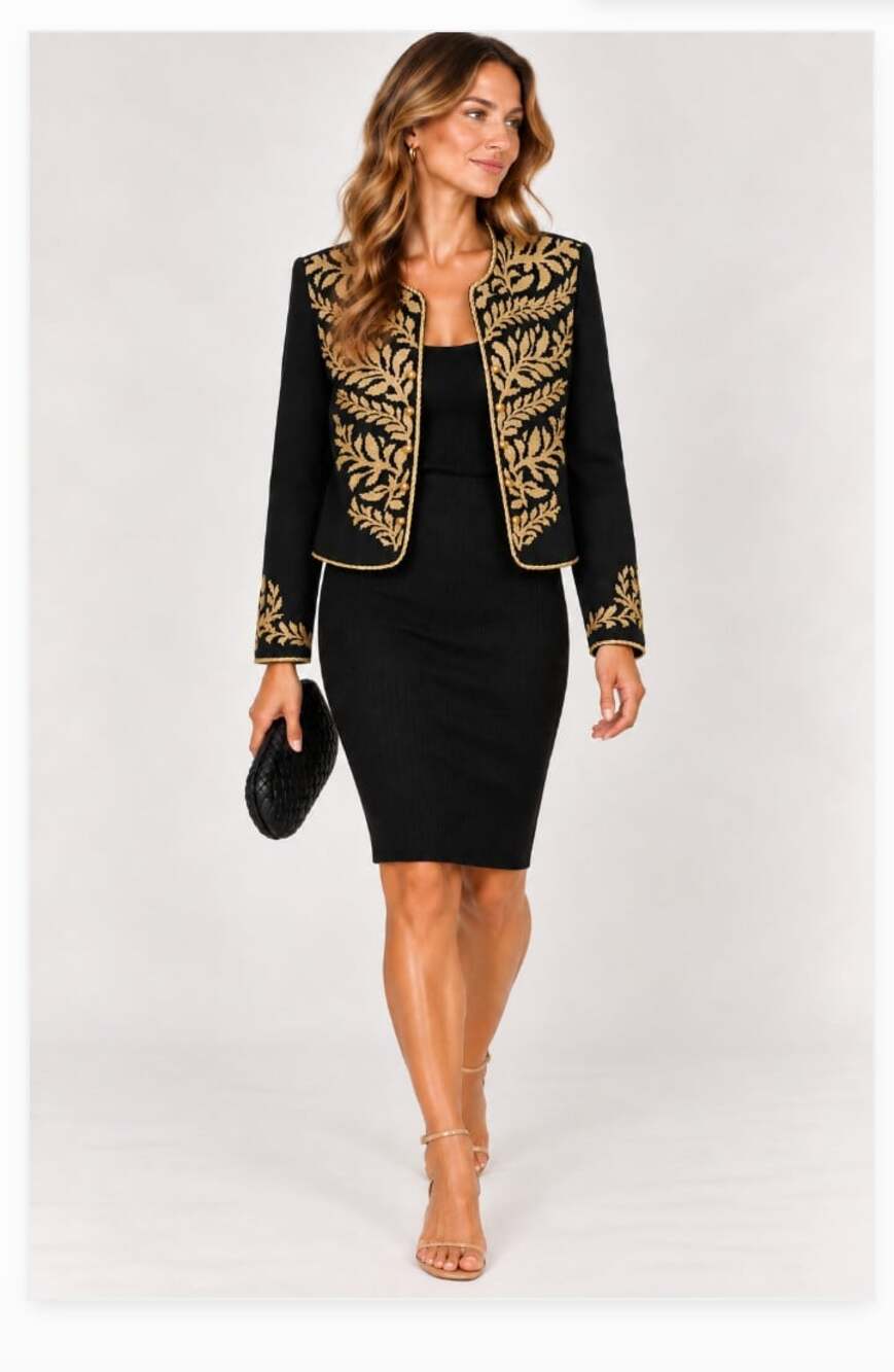 St. John Evening Jacket Skirt Set Womens 6 Black Gold Beaded Formal 2 Piece